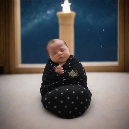 A newborn baby swaddled in cozy, soft fabrics, lying peacefully inside the Kaaba, with a peaceful night sky embellished by twinkling stars seen from an open door.