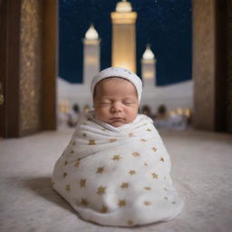 A newborn baby swaddled in cozy, soft fabrics, lying peacefully inside the Kaaba, with a peaceful night sky embellished by twinkling stars seen from an open door.