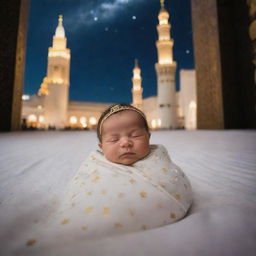 A newborn baby swaddled in cozy, soft fabrics, lying peacefully inside the Kaaba, with a peaceful night sky embellished by twinkling stars seen from an open door.