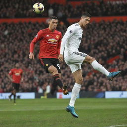 Cristiano Ronaldo in his Manchester United uniform, firing a powerful shot in a packed Old Trafford Stadium