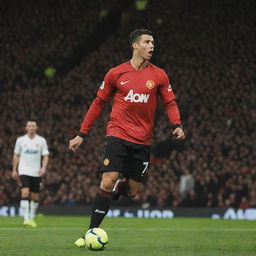 Cristiano Ronaldo in his Manchester United uniform, firing a powerful shot in a packed Old Trafford Stadium