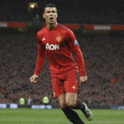 Cristiano Ronaldo in his Manchester United uniform, firing a powerful shot in a packed Old Trafford Stadium