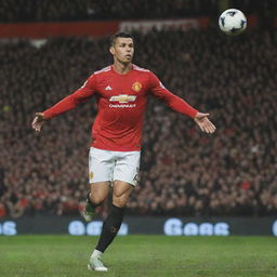 Cristiano Ronaldo in his Manchester United uniform, firing a powerful shot in a packed Old Trafford Stadium