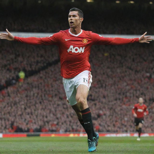 Cristiano Ronaldo in old AIG Manchester United jersey, launching a dominant shot in a bustling Old Trafford Stadium