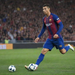 Cristiano Ronaldo wearing Barcelona FC's jersey, showcasing skillful dribbling in the crowded Camp Nou stadium