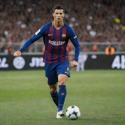 Cristiano Ronaldo wearing Barcelona FC's jersey, showcasing skillful dribbling in the crowded Camp Nou stadium