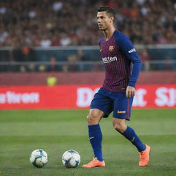 Cristiano Ronaldo wearing Barcelona FC's jersey, showcasing skillful dribbling in the crowded Camp Nou stadium