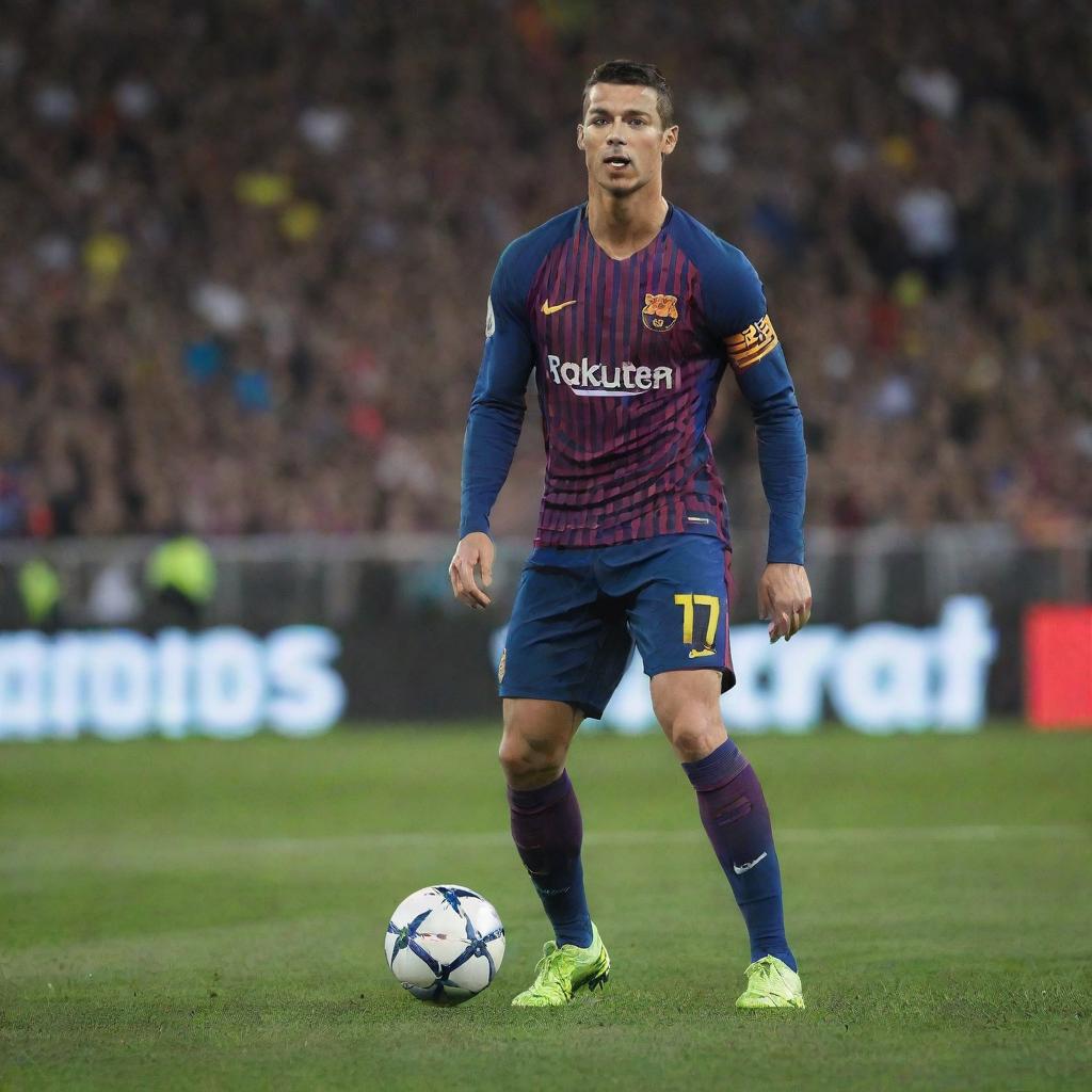 Cristiano Ronaldo wearing Barcelona FC's jersey, showcasing skillful dribbling in the crowded Camp Nou stadium