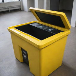 A hi-tech yellow trash container equipped with advanced sensors for sorting waste materials and detecting capacity