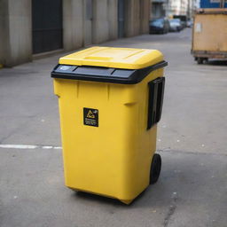 A hi-tech yellow trash container equipped with advanced sensors for sorting waste materials and detecting capacity