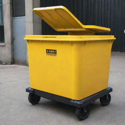 A hi-tech yellow trash container equipped with advanced sensors for sorting waste materials and detecting capacity