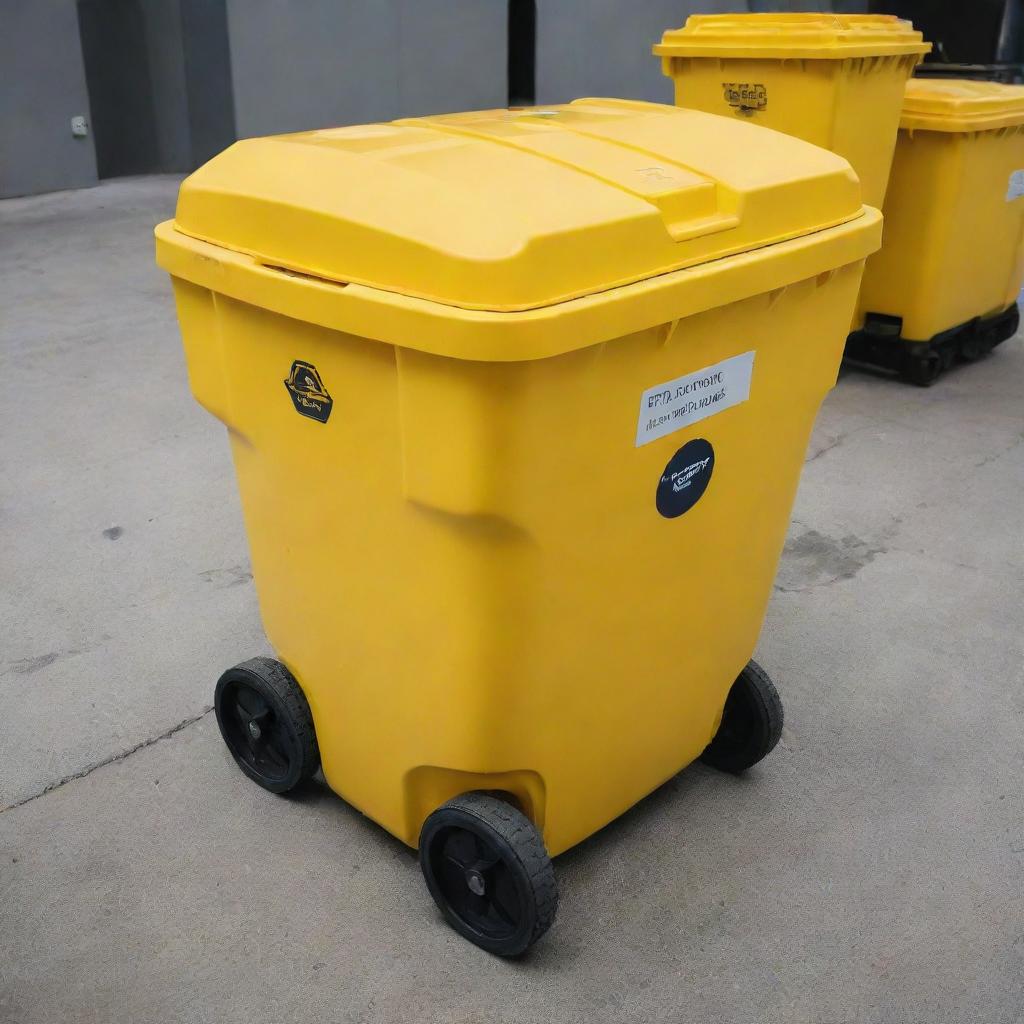 A hi-tech yellow trash container equipped with advanced sensors for sorting waste materials and detecting capacity