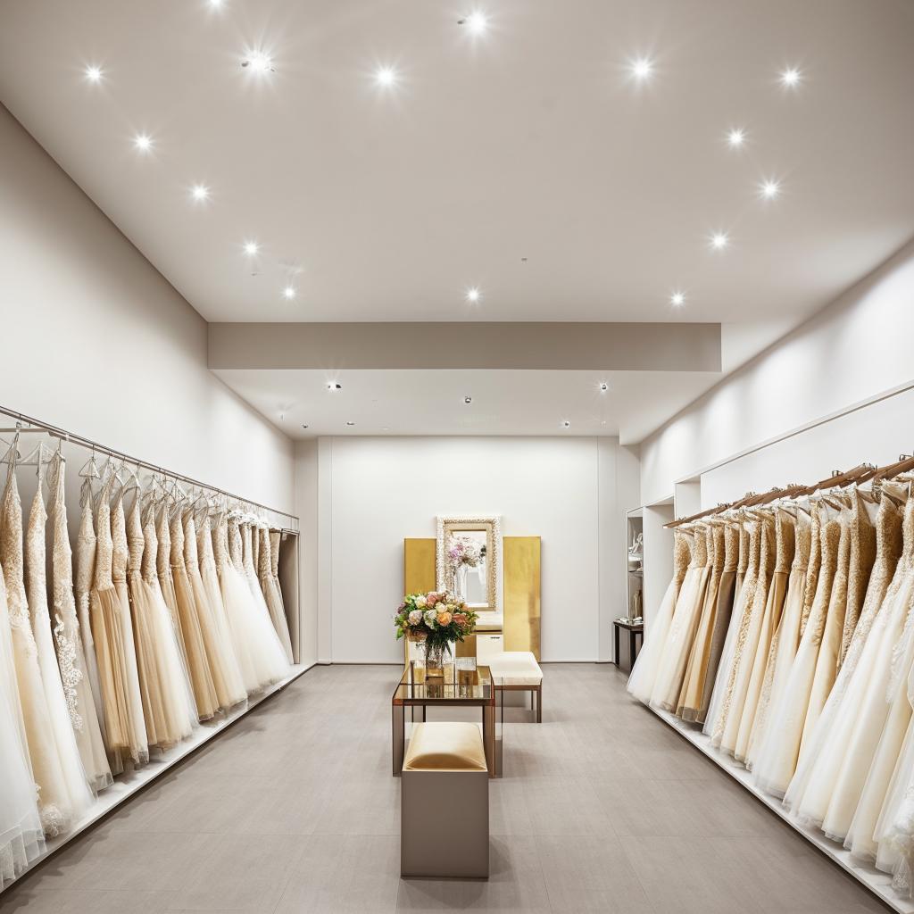 Service office for selling wedding dresses. Office dimensions: 3.77 meters, width 5.30 meters, length, height 2.80 meters. Use of the ceiling, central lighting in the middle, walls with a golden frame, and a place for waiting for customers.