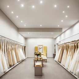 Service office for selling wedding dresses. Office dimensions: 3.77 meters, width 5.30 meters, length, height 2.80 meters. Use of the ceiling, central lighting in the middle, walls with a golden frame, and a place for waiting for customers.