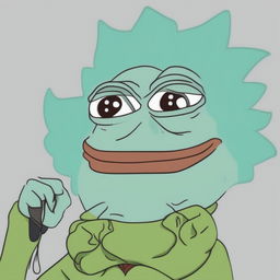 This is a digital art piece that combines the characteristics of Rick Sanchez from Rick and Morty and Pepe the Frog