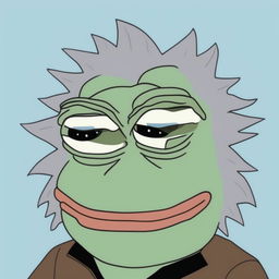 This is a digital art piece that combines the characteristics of Rick Sanchez from Rick and Morty and Pepe the Frog