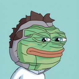 This is a digital art piece that combines the characteristics of Rick Sanchez from Rick and Morty and Pepe the Frog