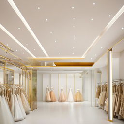 Service office for selling wedding dresses. Office dimensions: 3.77 meters, width 5.30 meters, length, height 2.80 meters. Use of the ceiling, central lighting in the middle, walls with a golden frame, and a place for waiting for customers.