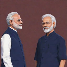 A collaborative artwork of India's Prime Minister Narendra Modi and Sukuna, a character from Jujutsu Kaisen anime, standing side by side in a friendly conversation