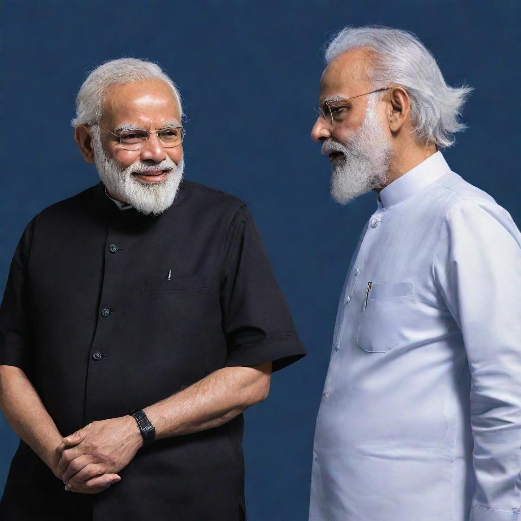 A collaborative artwork of India's Prime Minister Narendra Modi and Sukuna, a character from Jujutsu Kaisen anime, standing side by side in a friendly conversation