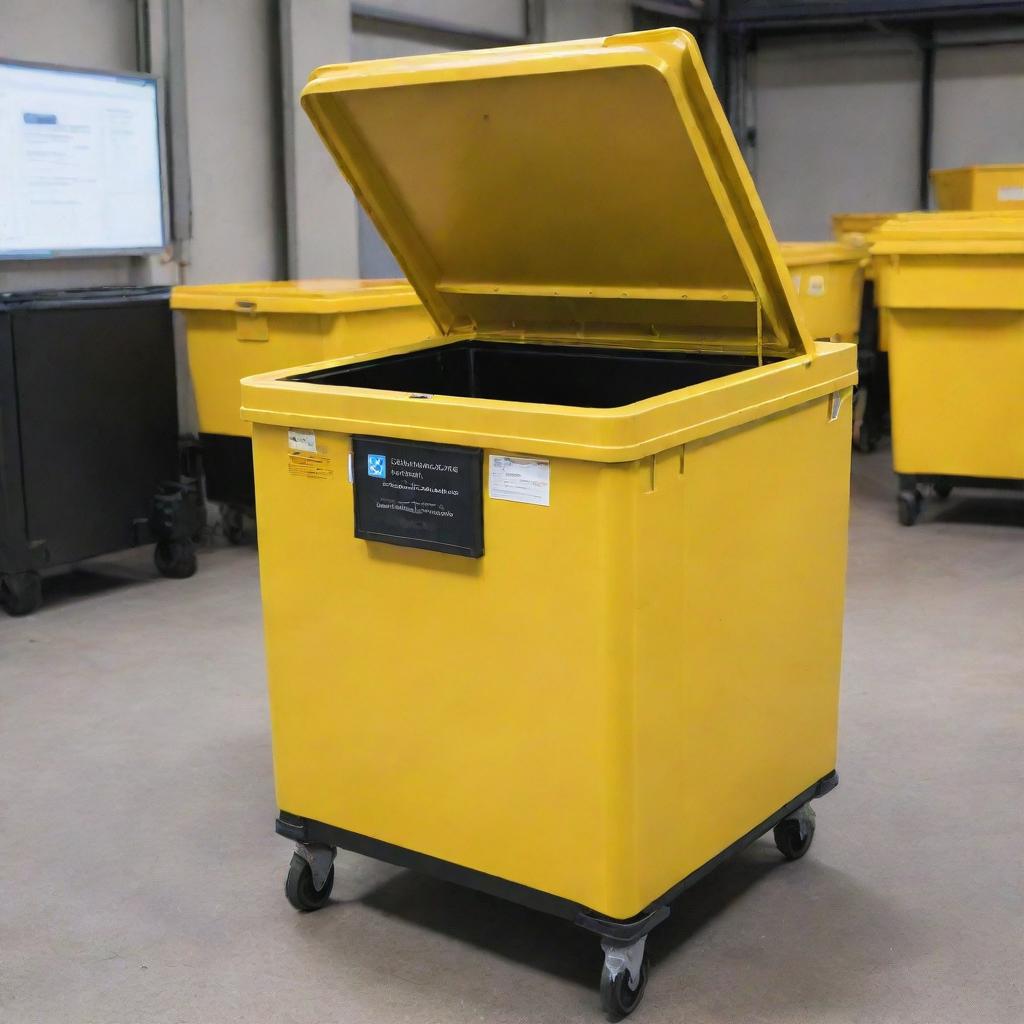 A bright yellow waste container equipped with advanced sensors inside for different types of waste sorting, and capacity sensors installed on every side to monitor its fullness.