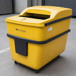 A bright yellow waste container equipped with advanced sensors inside for different types of waste sorting, and capacity sensors installed on every side to monitor its fullness.