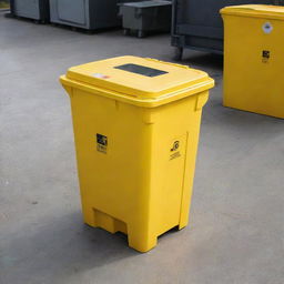 A bright yellow waste container equipped with advanced sensors inside for different types of waste sorting, and capacity sensors installed on every side to monitor its fullness.