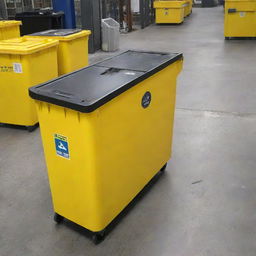 A bright yellow waste container equipped with advanced sensors inside for different types of waste sorting, and capacity sensors installed on every side to monitor its fullness.