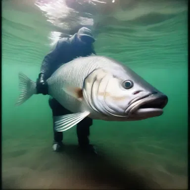 In the eerie depths of the haunted lake, a gigantic striper emerged, symbolizing imminent doom.