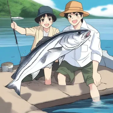 The animated characters in the anime series went on a fishing trip and were delighted when they caught a massive striper during their adventure.