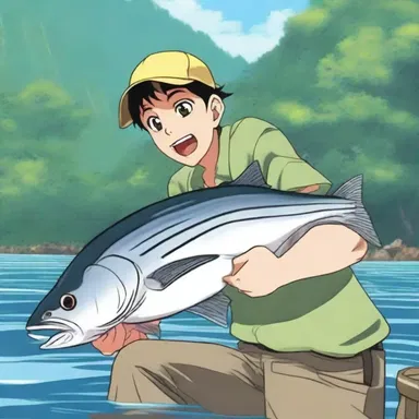 The animated characters in the anime series went on a fishing trip and were delighted when they caught a massive striper during their adventure.