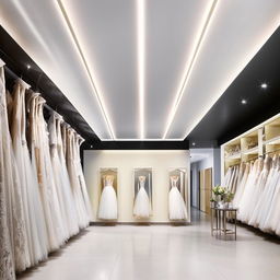 Service office for selling wedding dresses. Office dimensions: 3.77 meters, width 5.30 meters, length, height 2.80 meters. Use of the ceiling, central lighting in the middle, walls with a golden frame, and a place for waiting for customers.