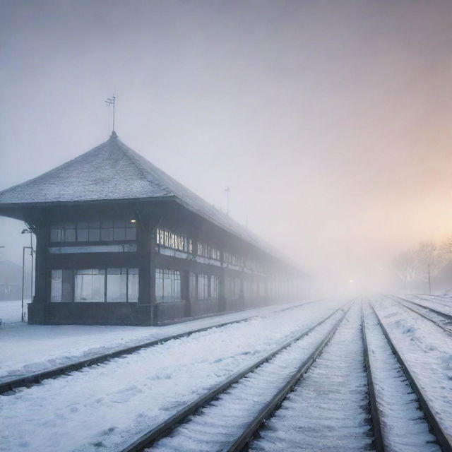 A desolate railway station shrouded in mystical fog and glistening ice, creating an ethereal winter landscape