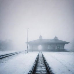 A desolate railway station shrouded in mystical fog and glistening ice, creating an ethereal winter landscape