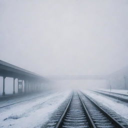 A desolate railway station shrouded in mystical fog and glistening ice, creating an ethereal winter landscape