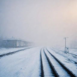 A desolate railway station shrouded in mystical fog and glistening ice, creating an ethereal winter landscape