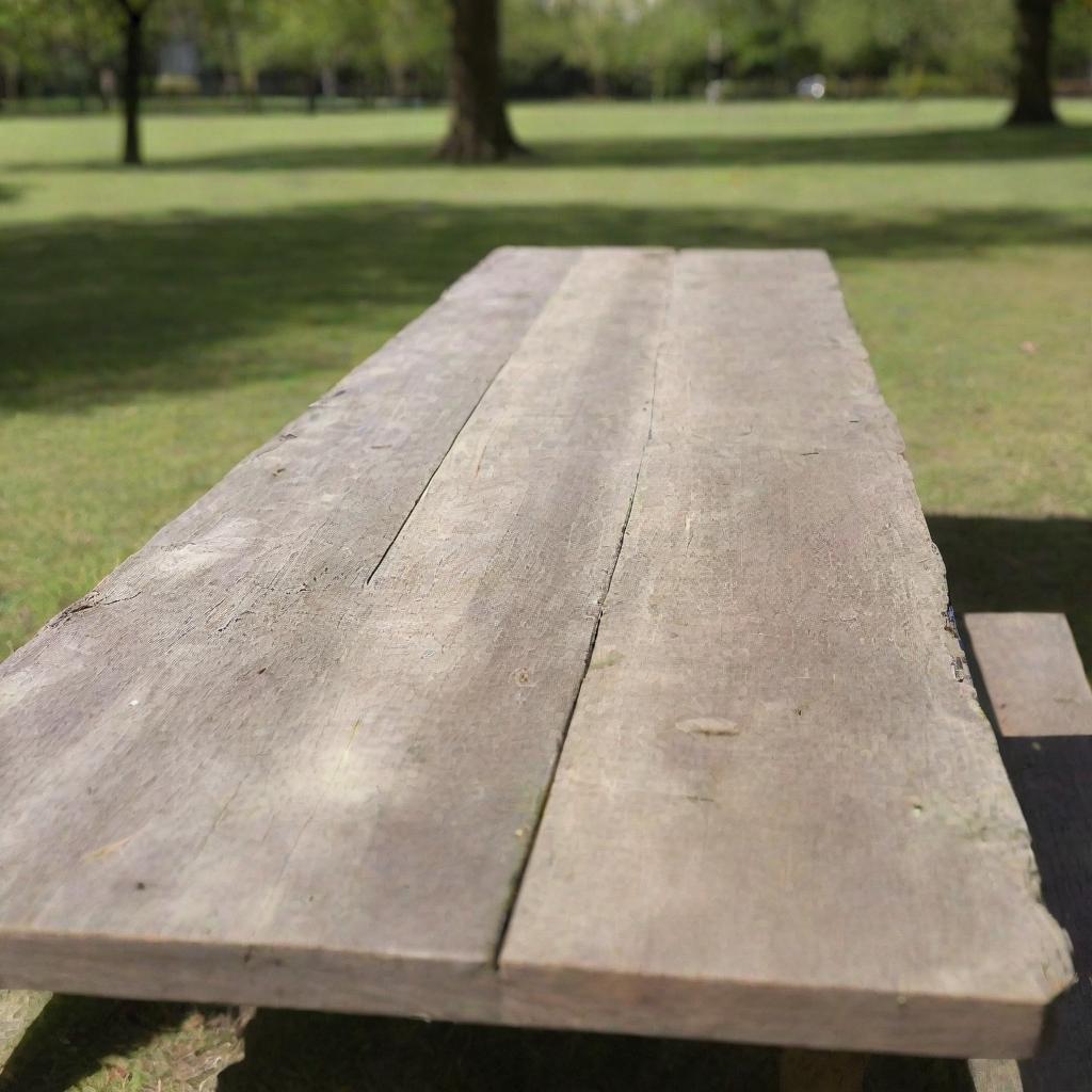 A well-worn, rustic wooden table situated in a bustling public park on a sunny day.