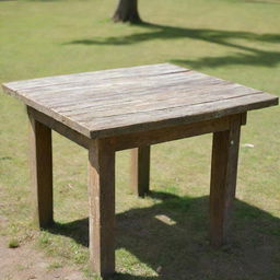 A well-worn, rustic wooden table situated in a bustling public park on a sunny day.