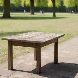 A well-worn, rustic wooden table situated in a bustling public park on a sunny day.