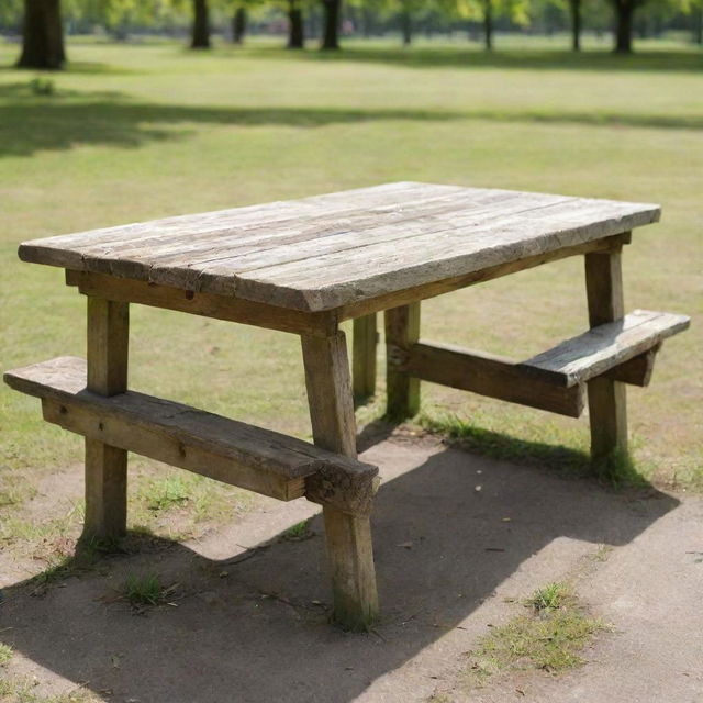 A well-worn, rustic wooden table situated in a bustling public park on a sunny day.