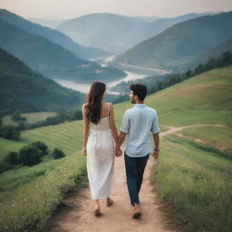 A loving man walking hand in hand with his girlfriend named Kavi, amidst a picturesque landscape