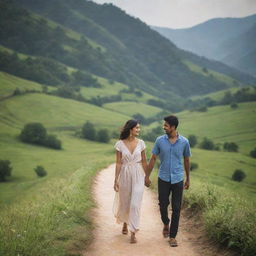 A loving man walking hand in hand with his girlfriend named Kavi, amidst a picturesque landscape