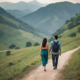 A loving man walking hand in hand with his girlfriend named Kavi, amidst a picturesque landscape