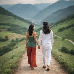 A loving man walking hand in hand with his girlfriend named Kavi, amidst a picturesque landscape