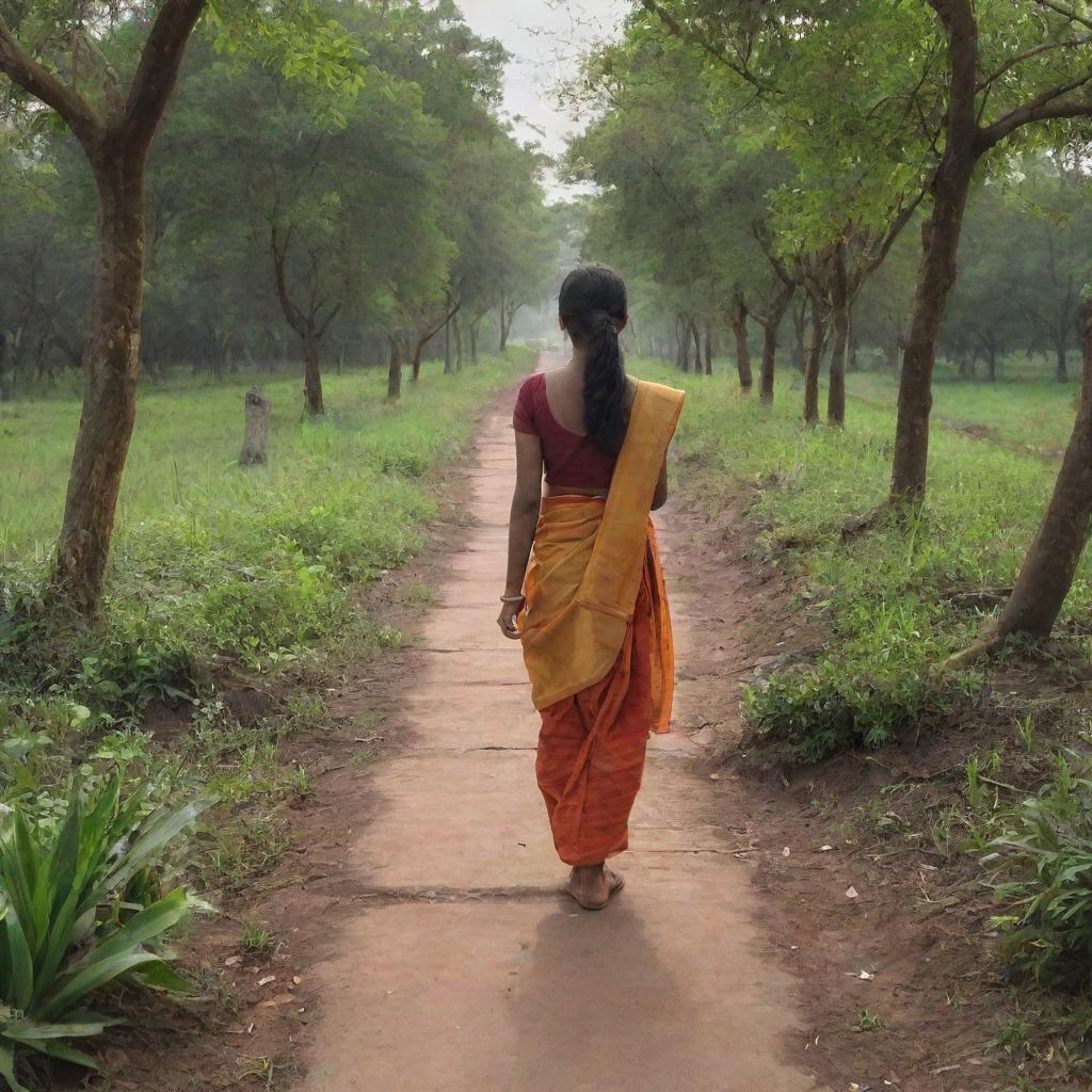 A detailed depiction of a girl named Kavitha walking down a picturesque pathway. She should exude an air of confidence and joy.