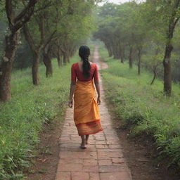 A detailed depiction of a girl named Kavitha walking down a picturesque pathway. She should exude an air of confidence and joy.