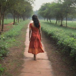 A detailed depiction of a girl named Kavitha walking down a picturesque pathway. She should exude an air of confidence and joy.