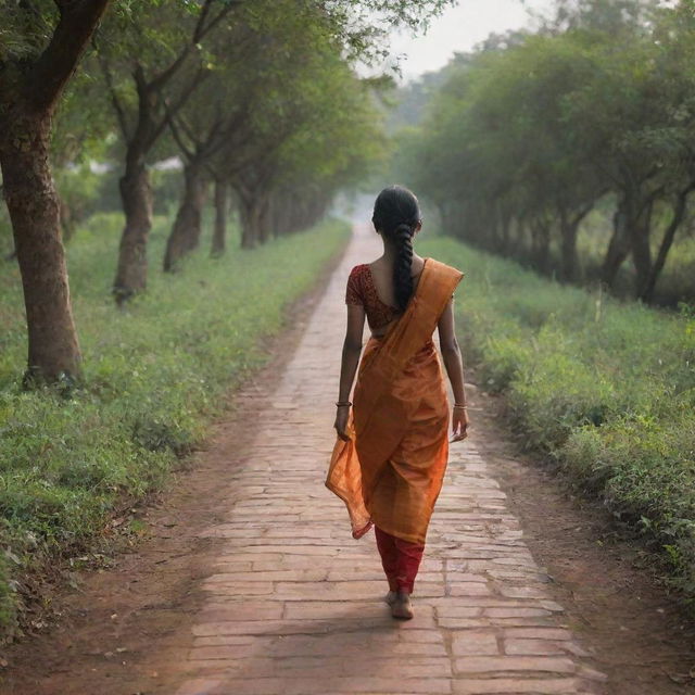 A detailed depiction of a girl named Kavitha walking down a picturesque pathway. She should exude an air of confidence and joy.