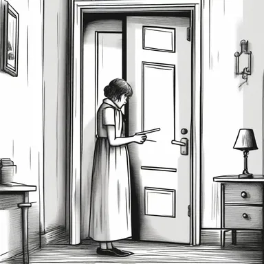 As the suspenseful music played, the character opened the creaky door charily, fearing what might be on the other side.