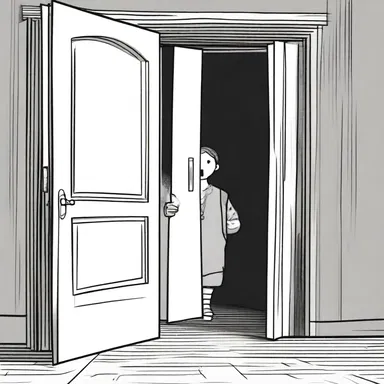 As the suspenseful music played, the character opened the creaky door charily, fearing what might be on the other side.